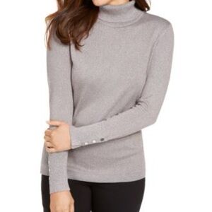 JM Collection Light Gray Turtleneck Sweater with Button-Cuff Detail